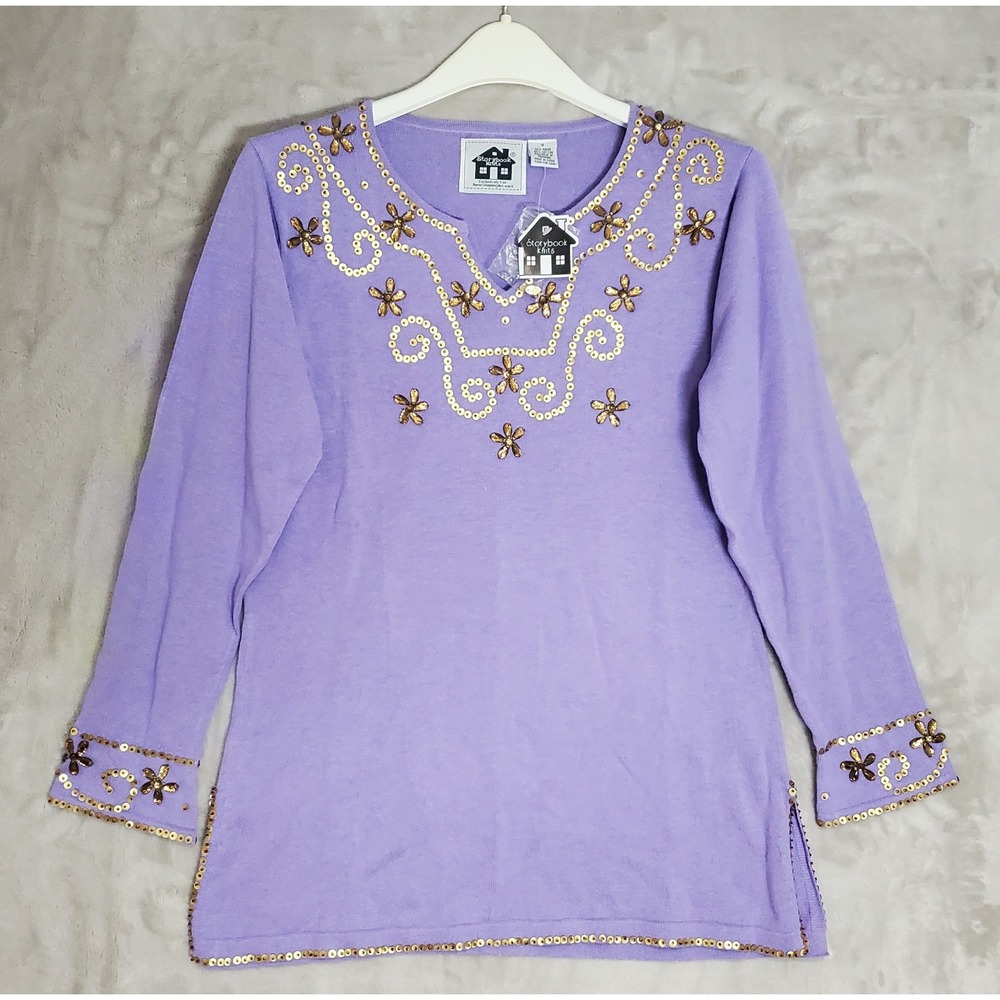 Storybook Knits Top Womens S Purple Sequin Beaded Top Long Sleeve V Neck NWT